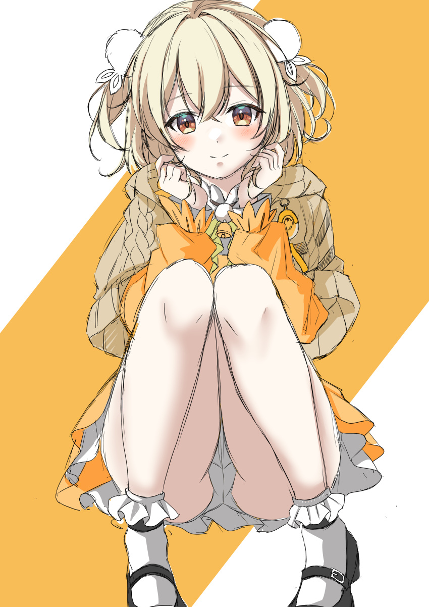 1girl absurdres blonde_hair blush brown_capelet capelet clip_studio_paint_(medium) closed_mouth dress frilled_socks frills goddess_of_victory:_nikke hair_ornament highres hood hooded_capelet liter_(cute_sunflower)_(nikke) liter_(nikke) long_sleeves looking_at_viewer mary_janes official_alternate_costume panties pantyshot pom_pom_(clothes) pom_pom_hair_ornament shoes short_hair smile socks solo squatting underwear white_panties white_socks yatarouten yellow_dress yellow_eyes