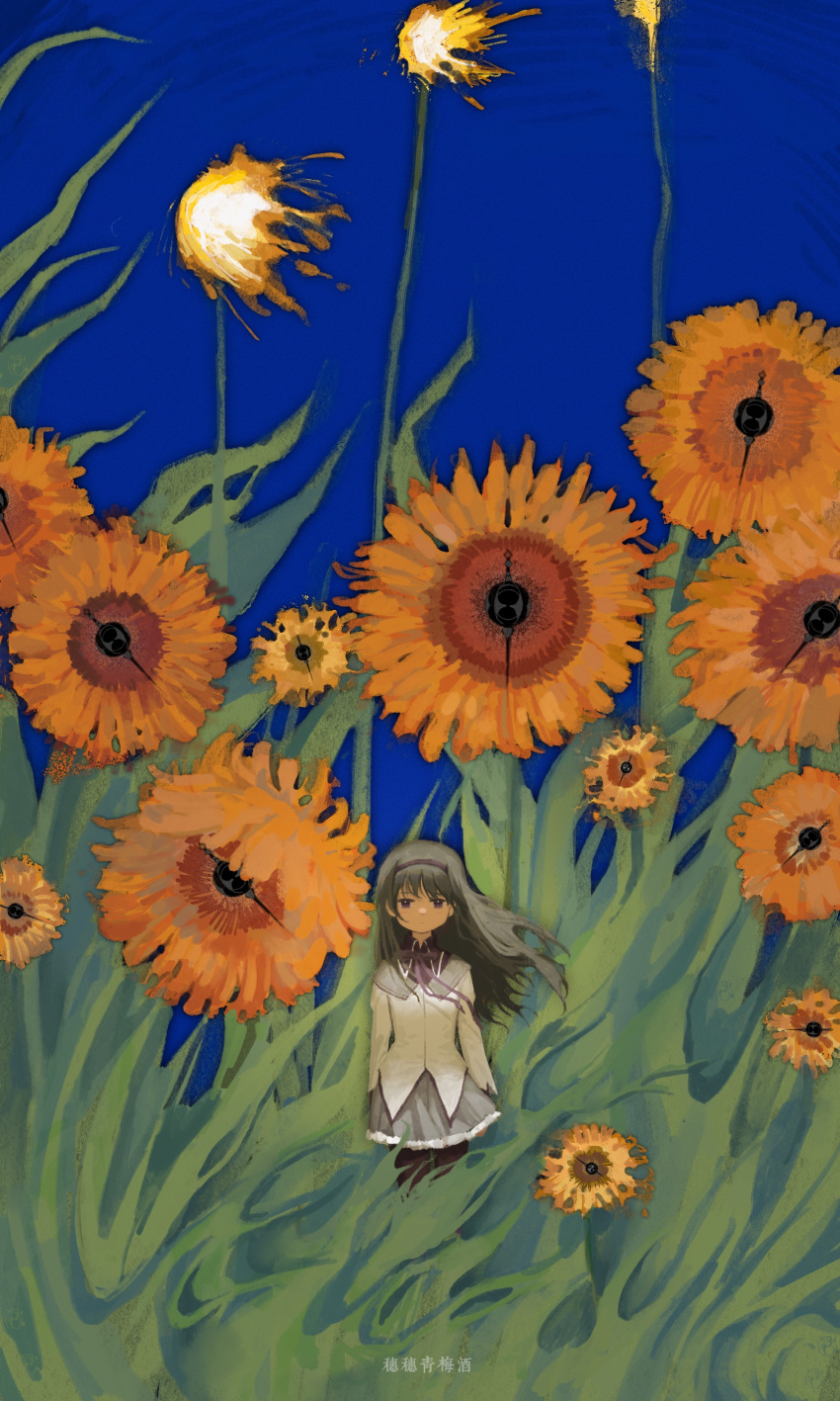 1girl absurdres akemi_homura arms_at_sides black_hair blue_background brown_pantyhose burning capelet chinese_commentary chinese_text commentary_request expressionless feet_out_of_frame floating_hair flower grass grey_skirt grief_seed hairband highres jacket long_hair long_sleeves looking_at_viewer mahou_shoujo_madoka_magica mahou_shoujo_madoka_magica_(anime) neck_ribbon outdoors oversized_flower pantyhose purple_capelet purple_eyes purple_hairband ribbon skirt solo standing straight-on suisui_qingmei_jiu sunflower translation_request white_jacket wide_shot yellow_flower