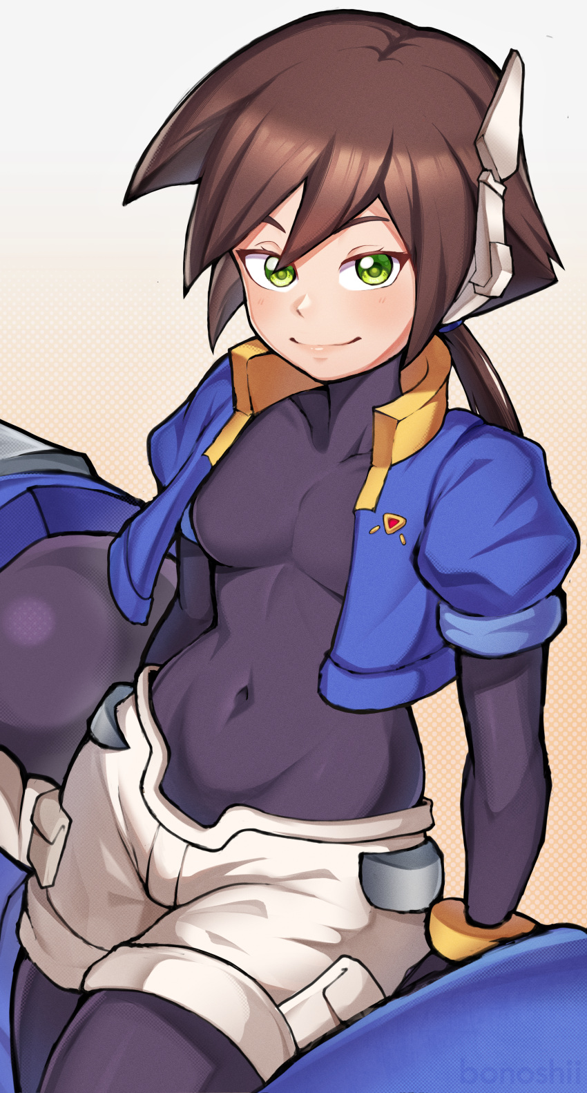 absurdres aile_(mega_man_zx) blue_jacket bonoshii breasts brown_hair covered_navel cowboy_shot cropped_jacket green_eyes highres jacket linea_alba long_hair looking_at_viewer mega_man_(series) mega_man_zx mega_man_zx_advent motor_vehicle motorcycle open_mouth ponytail robot_ears short_sleeves shorts small_breasts smile white_background white_shorts yellow_background