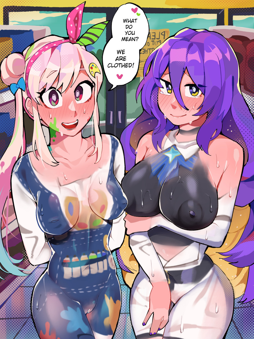 2girls absurdres airani_iofifteen arm_under_breasts arms_behind_back blonde_hair blue_hair blush bodypaint bow bow_hairband breasts collared_shirt colored_inner_hair diforland english_text gradient_eyes green_bow hair_ornament hair_ribbon hairband highres hololive hololive_indonesia indoors large_breasts light_blue_hair long_hair looking_at_viewer moona_hoshinova multicolored_eyes multicolored_hair multiple_girls nervous nervous_smile one_side_up open_mouth paint_splatter paint_splatter_on_face painted_clothes pink_bow pink_hair public_indecency public_nudity purple_eyes purple_hair pussy red_eyes ribbon shirt shop side_ponytail side_up_bun smile speech_bubble sweat swept_bangs teeth two-tone_hair two-tone_hairband upper_teeth_only yellow_eyes