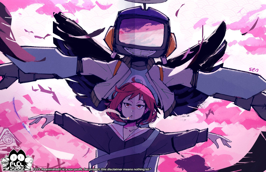 1girl 1other 4th_chaos_emerald artist_logo artist_name bag black_wings blue_bag blue_shirt bob_cut brown_eyes canti cigarette clock clock_tower cloud cloudy_sky commentary crt english_text feathered_wings flcl guest_art halo height_difference highres holding holding_bag jacket jitome long_sleeves open_clothes open_jacket outdoors outstretched_arms pink_sky red_hair robot sailor_collar samejima_mamimi school_bag school_uniform second-party_source seigaiha serafuku shirt short_hair signature sky smoke smoking t-pose tower translated upper_body white_jacket white_sailor_collar wings