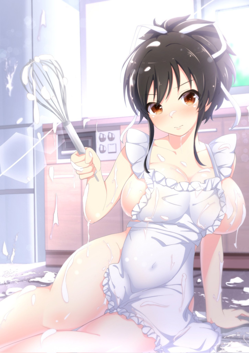 apron areola_slip asuka_(senran_kagura) betterthanbone2 blush breasts brown_eyes brown_hair cleavage closed_mouth commentary covered_navel cream cream_on_body cream_on_breasts cream_on_face day embarrassed fallen_down food food_on_face hair_ribbon highres holding holding_whisk kitchen large_breasts messy_room naked_apron on_floor ponytail ribbon senran_kagura short_ponytail sideboob sunlight whisk white_apron white_ribbon