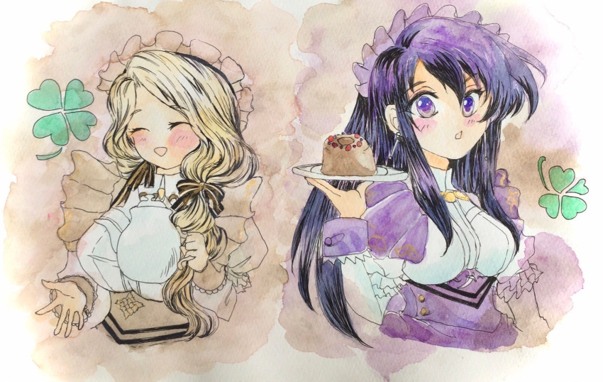 2girls :d :o ^_^ ayra_(fire_emblem) black_hair blonde_hair blush closed_eyes clover commentary_request fire_emblem fire_emblem:_genealogy_of_the_holy_war fire_emblem:_three_houses food four-leaf_clover highres holding holding_plate holding_teapot long_hair looking_at_viewer maid_headdress mercedes_von_martritz multiple_girls nukunukuhigepen plate purple_eyes smile teapot traditional_media upper_body