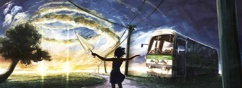 bus cloud ground_vehicle highres motor_vehicle original outstretched_arms power_lines same_2009 solo spread_arms standing sunset tree umbrella