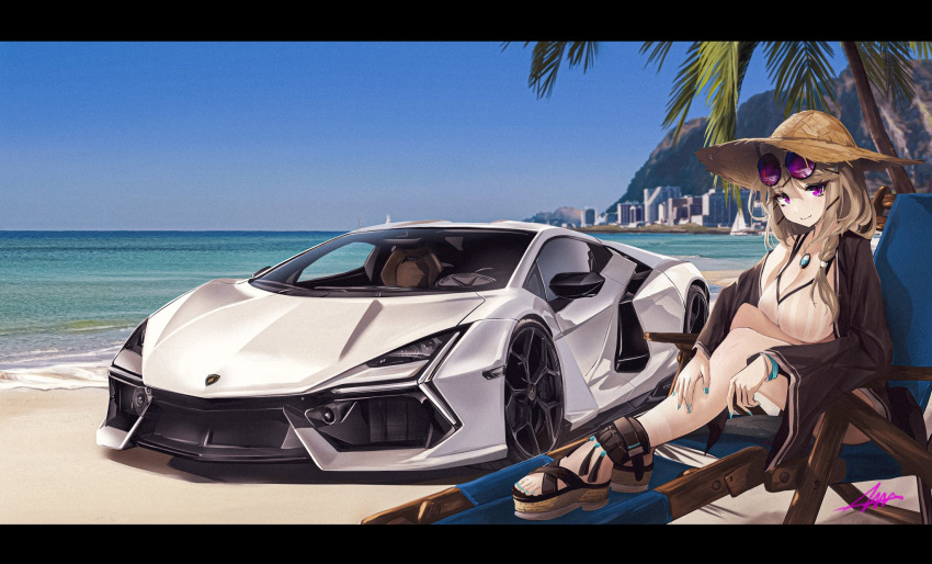 1girl animal_ear_fluff animal_ears arknights bare_legs beach bikini black_jacket blue_nails braid breasts car chair city cleavage commentary commission english_commentary eyewear_on_head hair_ornament hairclip hand_on_own_leg hat highres jacket jewelry lamborghini lamborghini_revuelto large_breasts light_brown_hair looking_at_viewer lounge_chair motor_vehicle nail_polish nougat_(73r1r1) ocean on_chair open_clothes open_jacket outdoors palm_tree pendant purple-tinted_eyewear purple_eyes round_eyewear sandals short_hair side_braid signature sitting smile solo sports_car straw_hat striped_bikini striped_clothes sunglasses swimsuit tail tinted_eyewear toenail_polish toenails tree utage_(arknights) utage_(summer_flowers)_(arknights) vehicle_focus vertical-striped_bikini vertical-striped_clothes white_bikini white_car x_hair_ornament