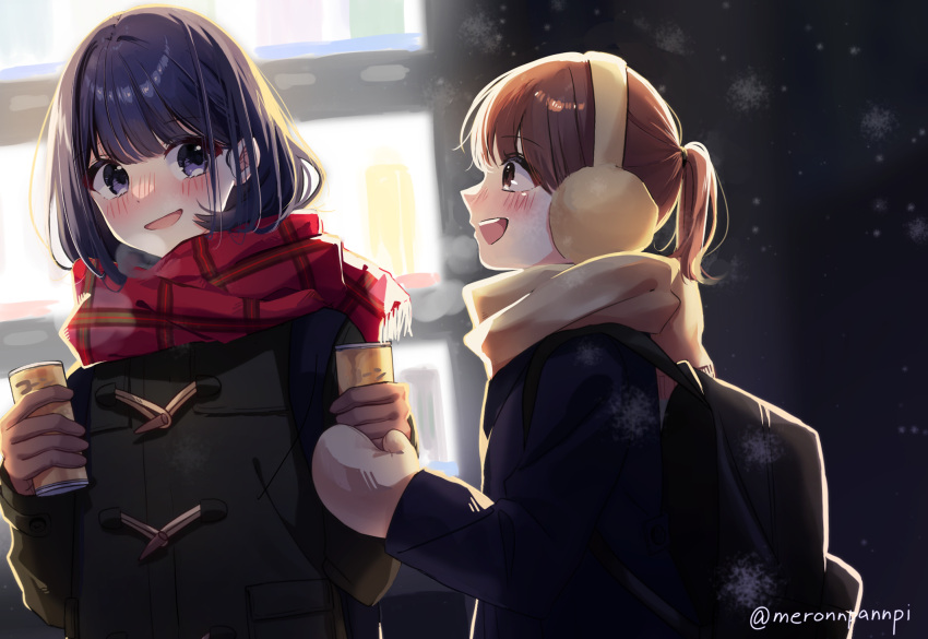 2girls backpack bag black_hair blush breath brown_hair can canned_coffee coat drink_can duffel_coat earmuffs gloves highres holding holding_can long_sleeves looking_at_another meronnpannpi mittens multiple_girls open_mouth original outdoors plaid plaid_scarf ponytail profile purple_eyes scarf smile vending_machine