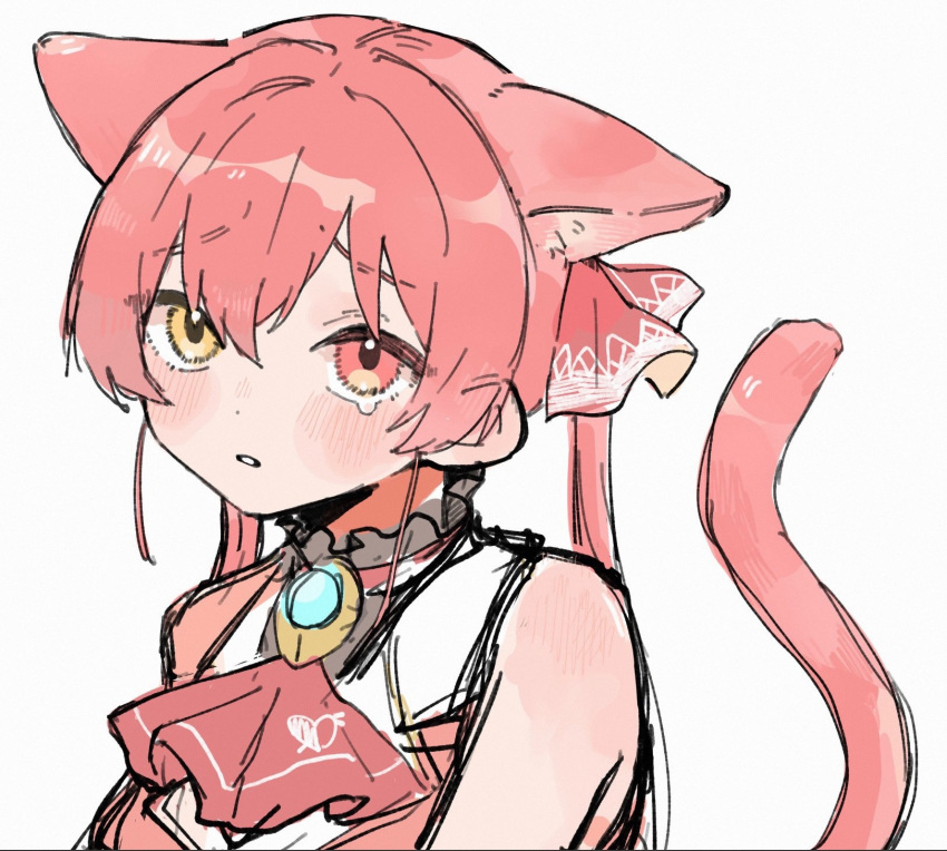 1girl animal_ears ascot blush brooch cat_ears cat_girl cat_tail commentary embarrassed heterochromia highres hololive houshou_marine houshou_marine_(1st_costume) jewelry long_hair looking_at_viewer ohagi_0909 parted_lips red_ascot red_eyes red_hair sketch solo tail tearing_up twintails upper_body virtual_youtuber yellow_eyes