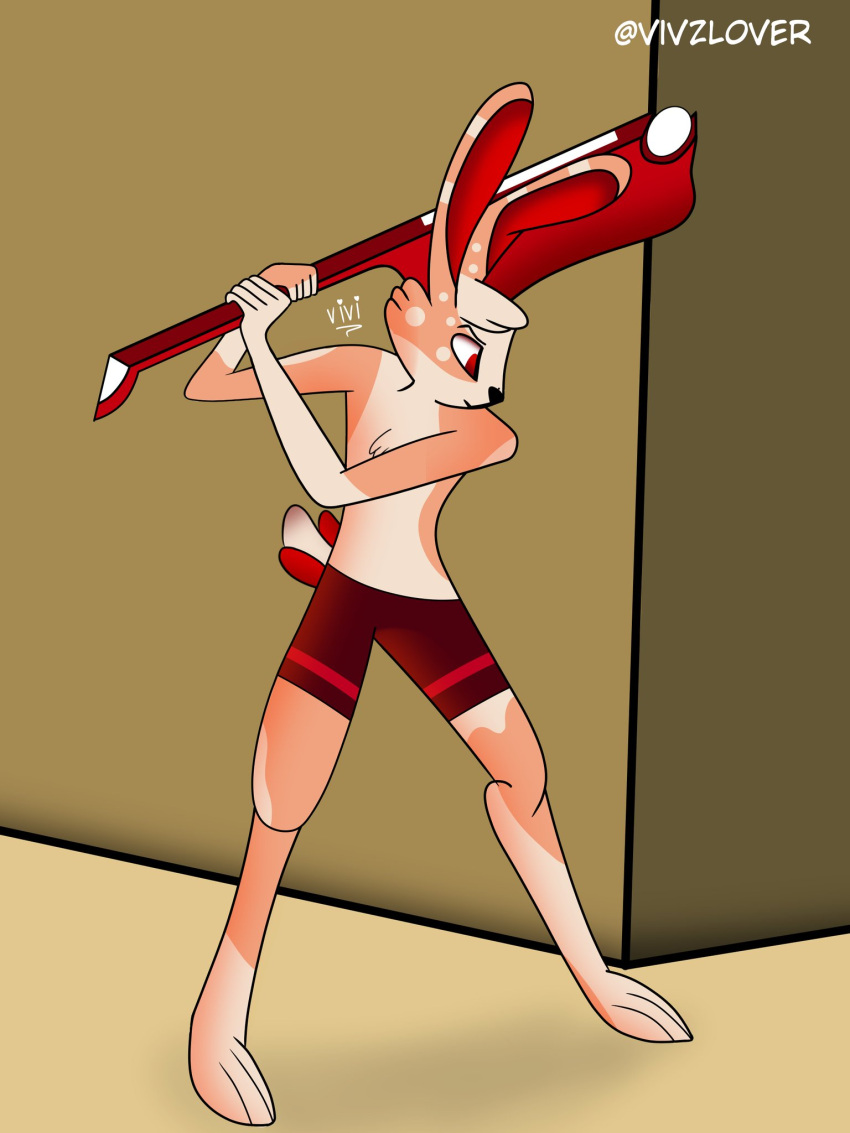 anthro bottomwear brown_body brown_hair clothing fur hair hi_res lagomorph leporid male mammal musical_instrument rabbit red_eyes scut_tail short_tail shorts solo tail vivzlover wall_(structure)