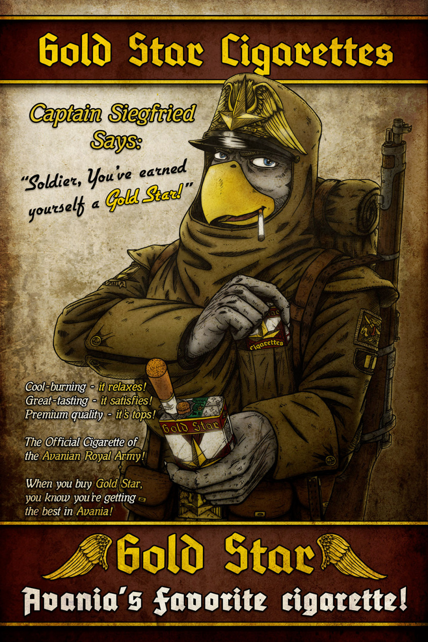2019 5_fingers advertisement anthro avian back_cover biped bird black_text blue_eyes cigarette cigarette_box cigarette_in_mouth clothing colored comic cover feathers fingers gun hi_res looking_at_viewer male military_uniform object_in_mouth ranged_weapon rifle smoking solo text tristikov uniform weapon white_body white_feathers white_text yellow_text