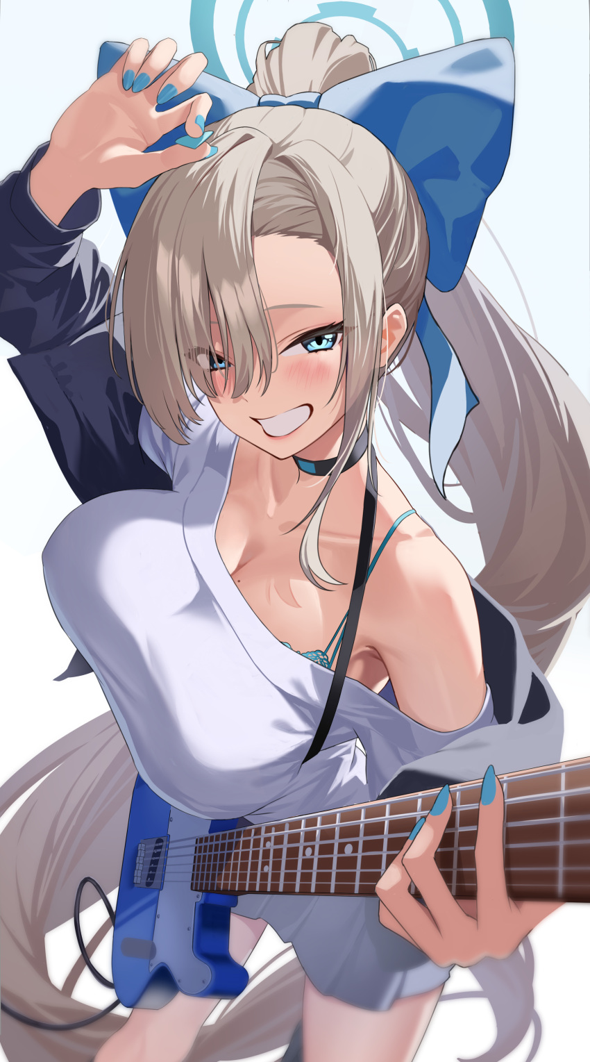 1girl absurdres asuna_(blue_archive) black_choker black_jacket blue_archive blue_bow blue_eyes blue_halo blue_nails blush bow breasts choker cleavage collarbone electric_guitar fingernails grin guitar hair_bow halo highres holding holding_instrument instrument jacket large_breasts light_brown_hair long_hair long_sleeves looking_at_viewer mole mole_on_breast nail_polish ojisan_kamo_shiremasen open_clothes open_jacket shirt smile solo white_shirt