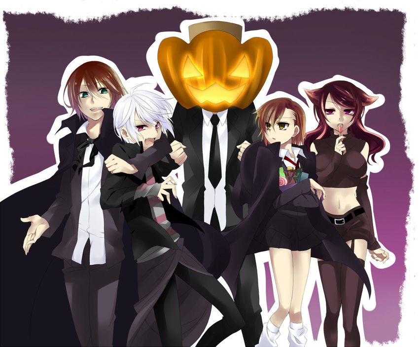 3boys :d accelerator animal_ears aqua_eyes bad_id bad_pixiv_id belt black_legwear breasts brown_hair candle candy cape chocolate clenched_hand clenched_hands cosplay crop_top crossed_arms detached_sleeves dog_ears fang food formal garter_straps glowing green_eyes halloween hat highres hug jack-o'-lantern kakine_teitoku kneehighs large_breasts legs licking lollipop long_hair loose_socks midriff miniskirt misaka_mikoto mugino_shizuri multiple_boys multiple_girls necktie open_mouth pink_eyes pleated_skirt pumpkin purple_eyes ryuuki_(hydrangea) shirt short_hair skirt smile socks sogiita_gunha standing striped striped_shirt suit thighhighs to_aru_majutsu_no_index tongue white_hair witch_hat zettai_ryouiki