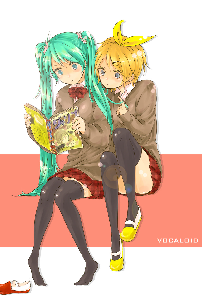 bad_id bad_pixiv_id blonde_hair bow bowtie hair_ornament hair_twirling hairclip hatsune_miku highres kagamine_rin kurashiki_(kas0) long_hair magazine multiple_girls reading school_uniform shoes shounen_jump sitting sweater thighhighs twintails uwabaki very_long_hair vocaloid