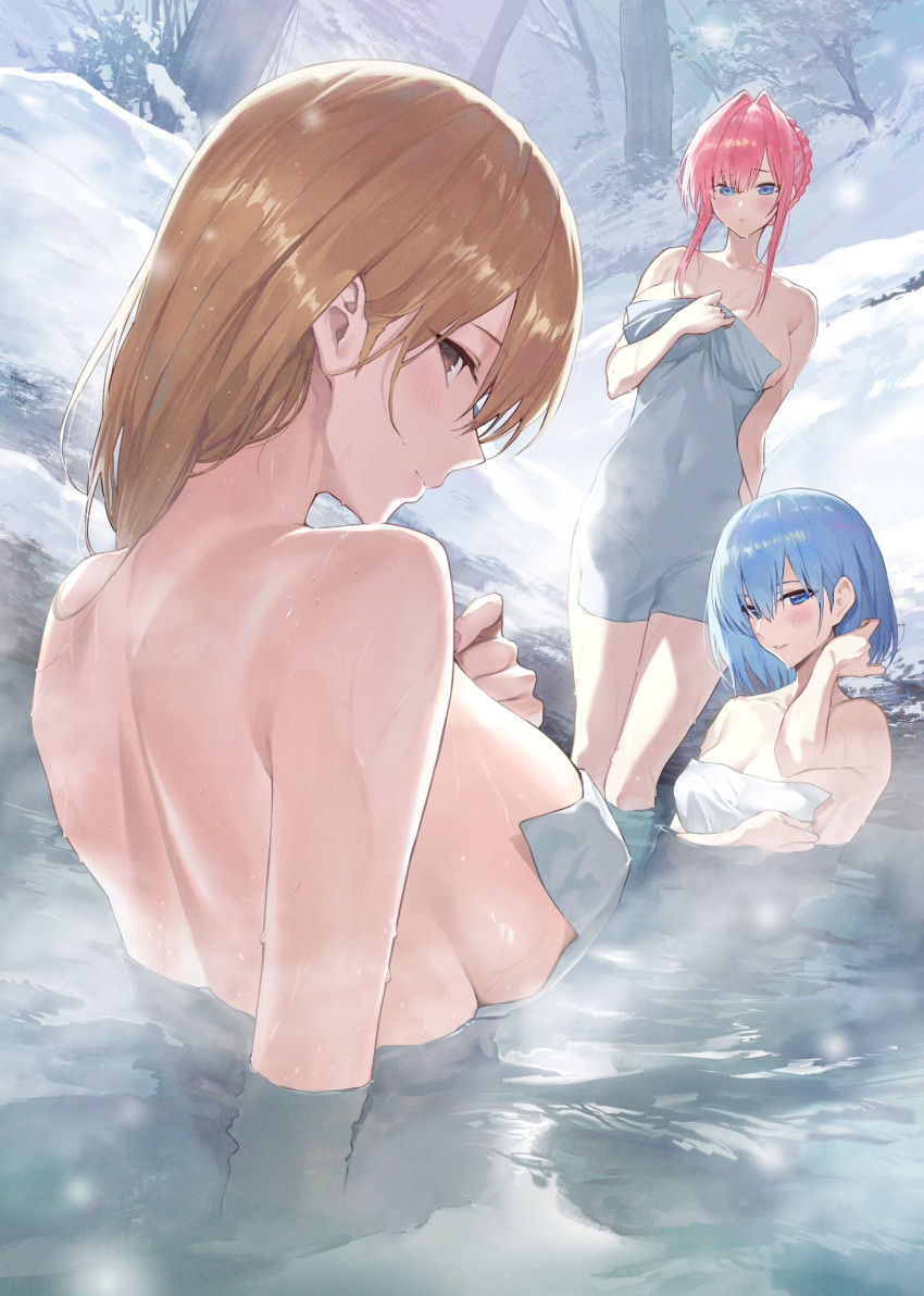 3girls aqua_hair bare_shoulders bathing blonde_hair blue_eyes blush breasts brown_eyes closed_mouth collarbone fumi_fumi_(7837224) hair_between_eyes highres large_breasts long_hair looking_at_viewer mixed-sex_bathing multiple_girls naked_towel nude onsen original outdoors partially_submerged pink_hair shared_bathing smile snow snowscape solo steam towel water wet winter