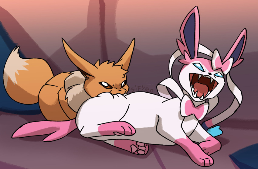 ass_biting biting blue_eyes brown_eyes check_commentary commentary commentary_request couch eevee fangs highres lying no_humans on_couch on_side open_mouth pokemon pokemon_(creature) sifyro spanish_commentary sylveon