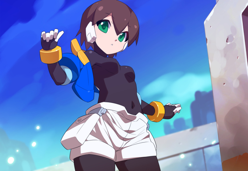 1girl aile_(mega_man_zx) black_bodysuit blue_jacket blue_sky blurry blurry_background bodysuit bodysuit_under_clothes breasts brown_hair covered_navel cowboy_shot cropped_jacket green_eyes jacket kaidou_zx looking_at_viewer mega_man_(series) mega_man_zx off_shoulder open_clothes open_jacket robot_ears short_hair shorts sky small_breasts solo white_shorts