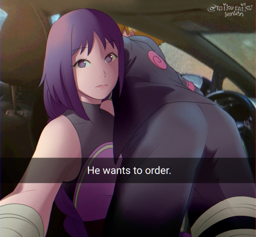 1boy 1girl ariamikukanzaki blonde_hair boruto:_naruto_next_generations car_interior commentary english_commentary english_text expressionless he_wants_to_order_(meme) kakei_sumire meme naruto_(series) purple_eyes purple_hair selfie sleeveless sleeveless_turtleneck snapchat turtleneck twitter_username uzumaki_boruto