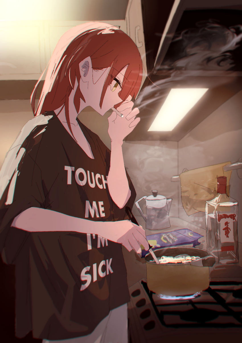 1girl alternate_costume black_shirt bocchi_the_rock! cigarette clothes_writing cooking cooking_pot cowboy_shot english_text expressionless highres indoors juppa_sento kita_ikuyo kitchen long_hair profile red_hair shirt short_sleeves smoke smoking solo standing stove t-shirt