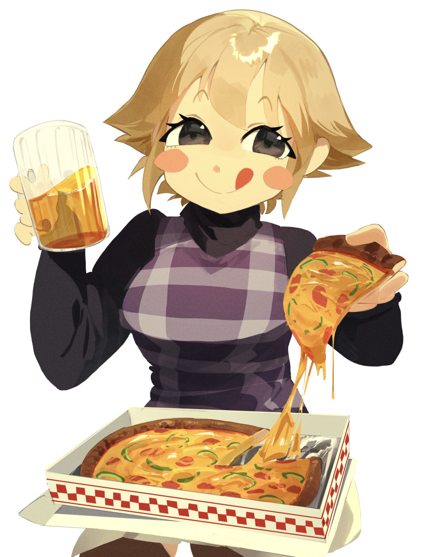 1girl alcohol beer beer_mug black_eyes blonde_hair blush_stickers cheese_trail closed_mouth commentary cowboy_shot cup double-parted_bangs english_commentary eyelashes facing_viewer film_grain flipped_hair food green_pepper hands_up highres holding holding_cup holding_food holding_pizza licking_lips long_sleeves looking_at_viewer medium_hair mug no_lineart paobebe9000 pizza pizza_box raised_eyebrows sidelocks simple_background sitting skirt smile solo sweater tongue tongue_out turtleneck turtleneck_sweater unusually_open_eyes urotsuki white_background white_skirt yume_2kki