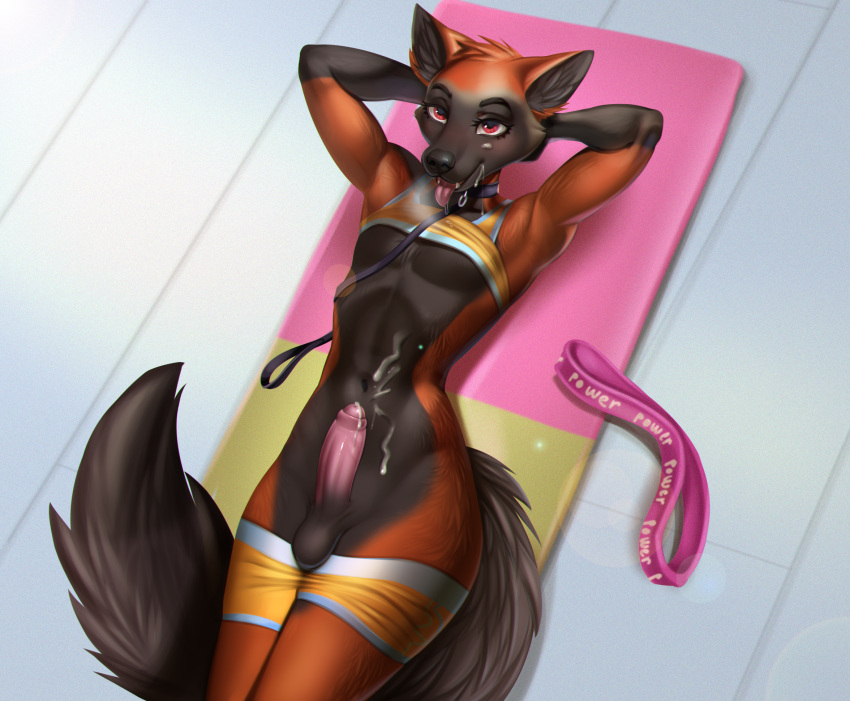 2021 anthro anutka balls biped black_collar black_nose bodily_fluids bottomwear bottomwear_down brown_body brown_fur canid canine cheek_tuft clothed clothing collar countershade_fur countershade_torso countershading cum cum_on_belly cum_on_body cum_on_face cum_on_self digital_media_(artwork) drooling erection eyebrows eyelashes facial_tuft foreskin fur genital_fluids genitals girly glans hands_behind_head hi_res humanoid_genitalia humanoid_penis leash leashed_collar lens_flare lying male mammal on_back orange_body orange_bottomwear orange_clothing orange_fur orange_shorts orange_topwear partially_clothed partially_retracted_foreskin penis pink_penis pink_tongue red_eyes saliva shaded shorts shorts_down solo tongue tongue_out topwear topwear_up tuft