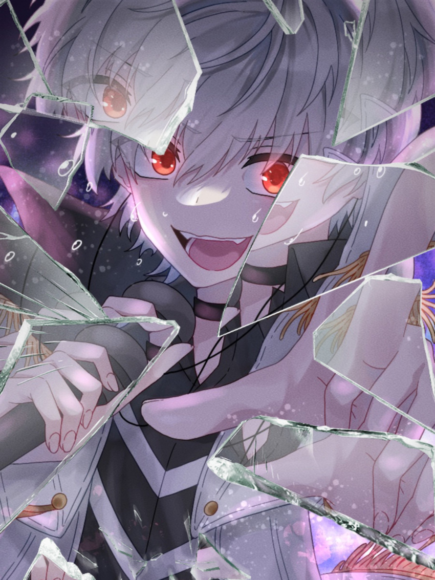 &gt;:) 1boy absurdres accelerator_(toaru_majutsu_no_index) albino androgynous app_filter black_choker broken_glass choker close-up collared_shirt diagonal-striped_shirt electrodes fangs fingernails furrowed_brow glass hair_between_eyes highres holding holding_microphone idol jacket looking_at_viewer microphone military_jacket music official_alternate_costume open_mouth pale_skin pointing portrait red_eyes sanpaku shirt short_hair singing sinin_p smile solo stage sweat toaru_idol_no_accelerator-sama v-shaped_eyebrows white_hair white_jacket