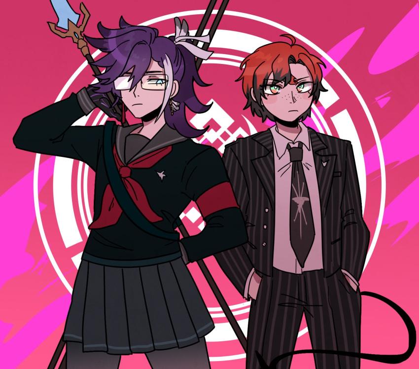 2boys banzoin_hakka black_hair black_pantyhose blue_eyes collared_shirt cosplay crossdressing crossover danganronpa_(series) danganronpa_2:_goodbye_despair english_commentary freckles glasses hands_in_pockets highres holding holding_polearm holding_weapon holostars holostars_english jacket kuzuryu_fuyuhiko kuzuryu_fuyuhiko_(cosplay) long_hair long_sleeves looking_at_another looking_at_viewer machina_x_flayon mechanical_tail ministarfruit multicolored_hair multiple_boys necktie pantyhose pekoyama_peko pekoyama_peko_(cosplay) pink_background pinstripe_pattern pinstripe_suit polearm purple_hair red_hair ribbon school_uniform serafuku shirt short_hair skirt suit tail two-tone_hair upper_body virtual_youtuber weapon