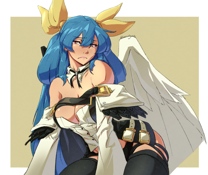 1girl angel_wings asymmetrical_wings bare_shoulders black_thighhighs black_wings blizzardingpike blue_hair breasts cleavage detached_sleeves dizzy_(guilty_gear) feathered_wings guilty_gear guilty_gear_xrd hair_between_eyes hair_ribbon hair_rings highres large_breasts long_hair long_sleeves looking_at_viewer monster_girl red_eyes ribbon simple_background sitting thighhighs twintails very_long_hair white_sleeves white_wings wide_sleeves wings yellow_ribbon