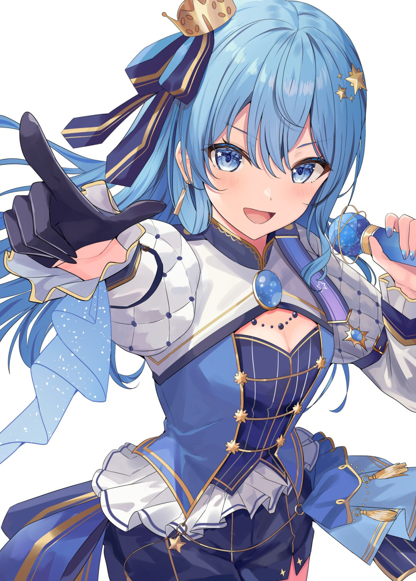 1girl :d adju_ster black_gloves black_shorts blue_bow blue_eyes blue_hair blue_nails blue_shirt bow breasts cleavage cowboy_shot crown detached_sleeves dot_nose gloves hair_between_eyes hair_bow hair_ornament half_gloves highres holding holding_microphone hololive hoshimachi_suisei juliet_sleeves long_sleeves looking_at_viewer medium_breasts microphone mini_crown nail_polish open_mouth outstretched_arm pointing pointing_at_viewer puffy_sleeves shirt shorts sidelocks simple_background single_glove smile solo star_(symbol) star_hair_ornament v-shaped_eyebrows virtual_youtuber white_background white_shrug