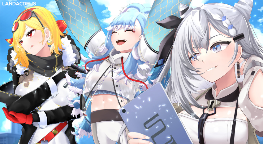 3girls :p artist_name black_ribbon black_scarf black_sleeves blonde_hair blue_hair blue_sleeves breasts closed_eyes cloud cone_hair_bun cropped_jacket double_bun dress earrings elbow_cutout fur_collar gloved_sleeves gloves grey_eyes grey_hair hair_bun hair_ornament hair_ribbon hairclip highres holding holding_mallet hololive hololive_indonesia hood hood_down hoodie jacket jewelry kaela_kovalskia kaela_kovalskia_(1st_costume) kobo_kanaeru kobo_kanaeru_(1st_costume) landacdeus lock long_hair mallet midriff multiple_girls open_mouth pants pencil_dress puffy_sleeves red_eyes red_gloves red_ribbon ribbon scarf see-through see-through_jacket sky smile tongue tongue_out vestia_zeta vestia_zeta_(1st_costume) virtual_youtuber white_dress white_hair white_hoodie white_jacket white_nails white_pants