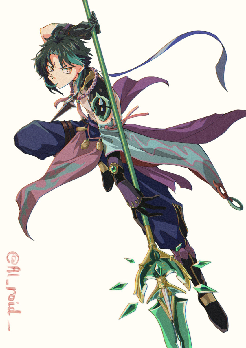 1boy ai_roid arm_up bead_necklace beads black_gloves black_hair closed_mouth facial_mark forehead_mark full_body genshin_impact gloves green_hair highres holding holding_polearm holding_weapon jewelry male_focus multicolored_hair necklace orange_eyes polearm primordial_jade_winged-spear_(genshin_impact) retro_artstyle simple_background solo spear twitter_username weapon xiao_(genshin_impact)