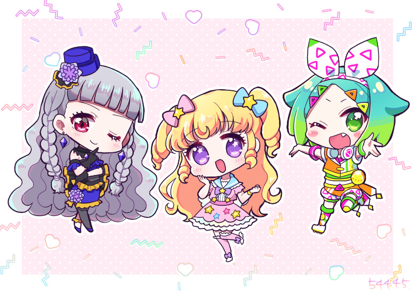 3girls :d ;d blonde_hair blue_bow blue_hair blunt_bangs blush bow braid chibi closed_mouth commentary_request diamond_earrings dress earrings fang flower gradient_hair green_eyes green_hair grey_hair hair_bow hand_on_own_cheek hand_on_own_face hand_up hands_up hat highres idol_clothes idol_time_pripara index_finger_raised jewelry koda_michiru koyoshi_yoko long_hair looking_at_viewer miichiru_(pripara) mini_hat multicolored_hair multiple_girls nijiiro_nino one_eye_closed open_mouth orange_shirt orange_shorts outstretched_arms pink_background pink_bow pink_dress pretty_series pripara purple_dress purple_eyes purple_flower red_eyes ringlets shirt short_hair shorts smile spread_arms standing star_(symbol) star_print swept_bangs triangle_hair_ornament twin_braids two_side_up very_long_hair wavy_hair yumekawa_yui