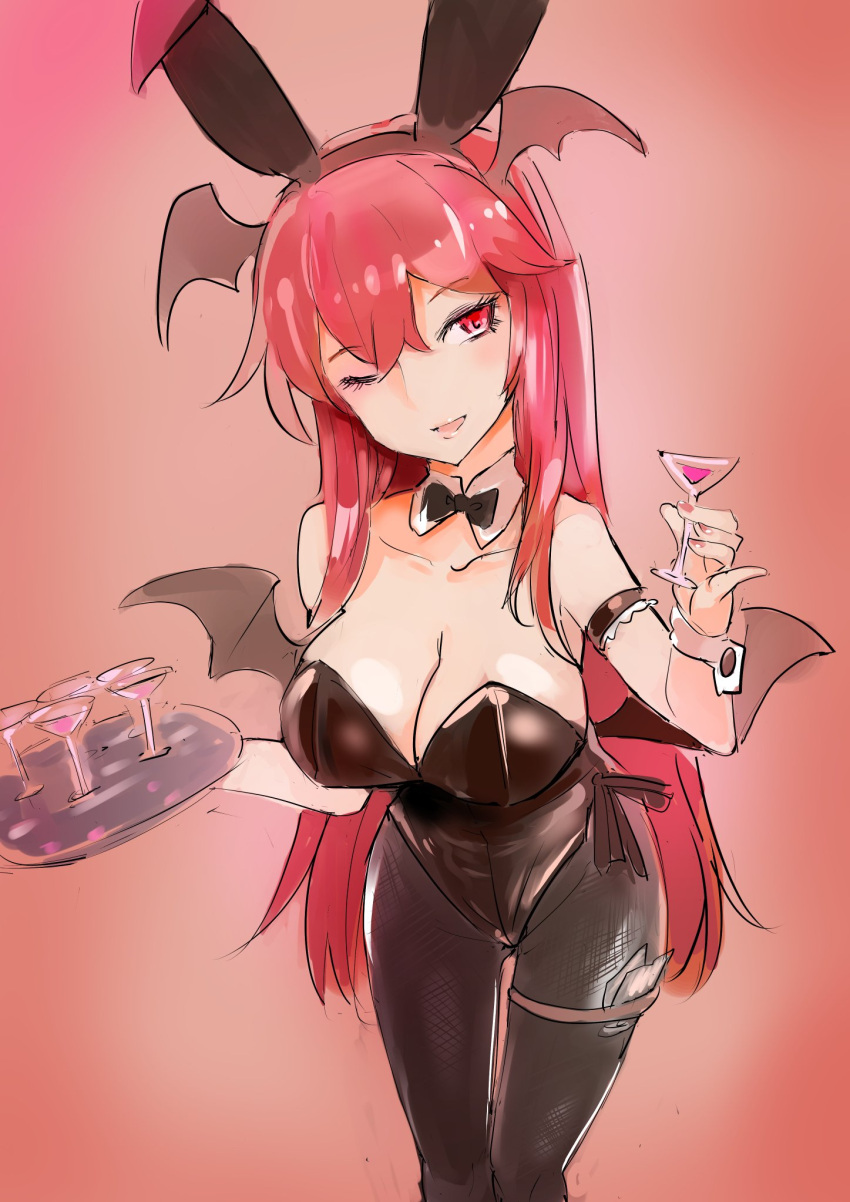 ;d alternate_costume animal_ears armband bat_wings black_armband black_bow black_bowtie black_leotard black_pantyhose bow bowtie breasts cleavage collarbone cowboy_shot cup detached_collar drinking_glass eyelashes fake_animal_ears head_tilt head_wings headband highres koakuma large_breasts legband leotard light_blush long_hair looking_at_viewer low_wings one_eye_closed pantyhose pink_background playboy_bunny rabbit_ears red_eyes red_hair side-tie_leotard sidelocks simple_background sinzan smile thigh_gap third-party_source touhou tray very_long_hair wine_glass wings wrist_cuffs