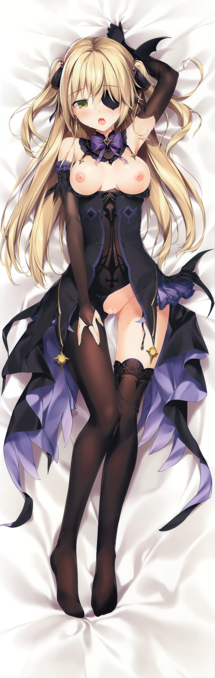 1girl absurdres arm_up armpits aroused ass_visible_through_thighs bare_shoulders bed_sheet black_dress black_footwear black_gloves black_panties blonde_hair boots bow bowtie breasts bridal_gauntlets brown_thighhighs center_opening dakimakura_(medium) detached_sleeves dress eyepatch fischl_(genshin_impact) fishnets full_body garter_straps genshin_impact gloves green_eyes hair_over_one_eye hair_ribbon hand_up highres karory long_hair looking_at_viewer lying medium_breasts nipples on_back open_mouth panties pussy_juice revealing_clothes ribbon single_glove single_leg_pantyhose single_thighhigh solo spaghetti_strap tailcoat thighhighs thighs two_side_up underwear