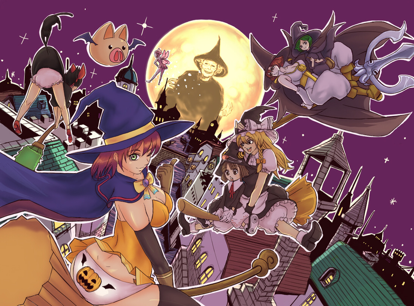 alice_wishheart angela_leon berserk bisco_(letitbleed) bloomers broom broom_riding buumori cape crossover dimples_of_venus evarella full_moon halloween hat jiji_(majo_no_takkyuubin) kiki kirisame_marisa magical_halloween majo_no_takkyuubin moon multiple_crossover multiple_girls nerunerunerune one_eye_closed open_mouth orange_skirt panties pink_panties pointing print_panties schierke skirt soul_eater tabasa touhou trait_connection underwear warzard wind wind_lift witch witch_hat