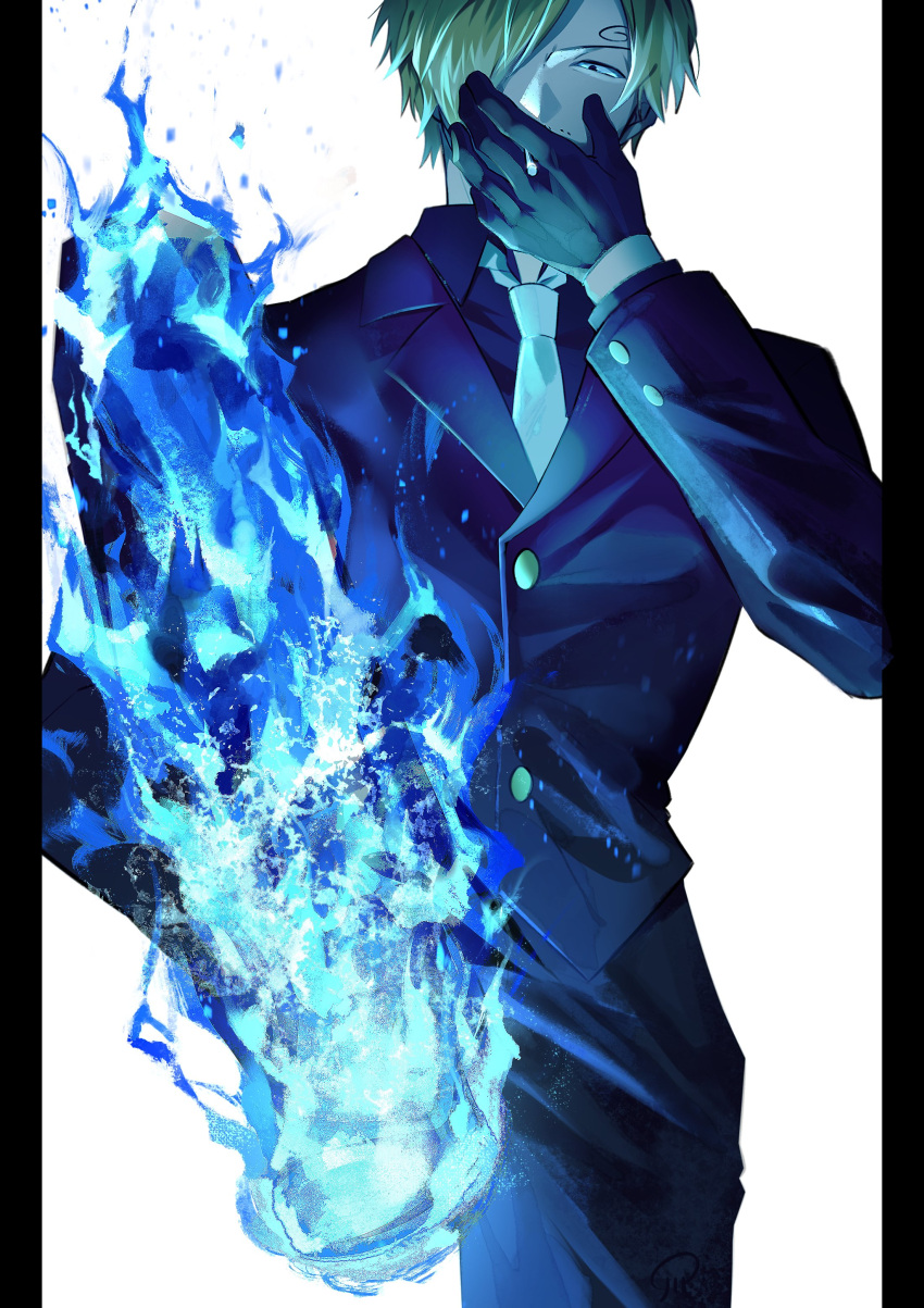 1boy absurdres blonde_hair blue_fur cigarette curly_eyebrows diable_jambe expressionless flaming_leg foot_up formal gloves hair_over_one_eye half-closed_eyes highres male_focus mlh7q one_piece pants sanji_(one_piece) short_hair smoking solo standing standing_on_one_leg suit