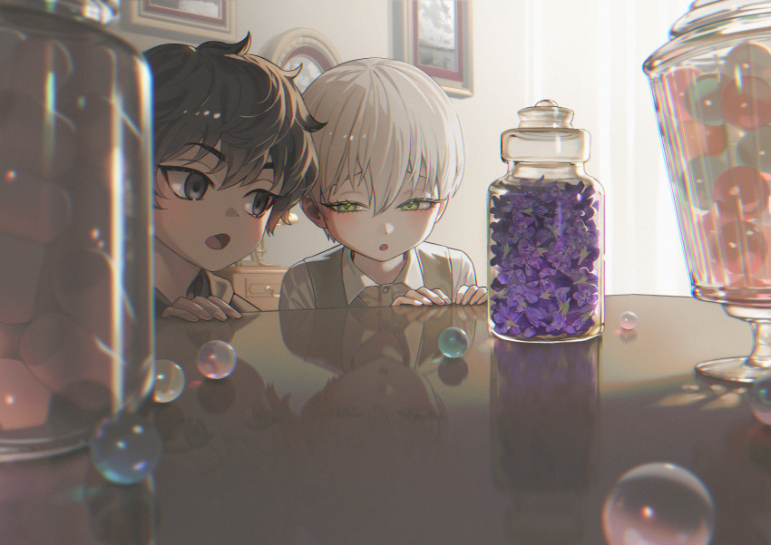2boys absurdres bishounen black_eyes black_hair blush candy candy_jar chestnut_mouth child collared_shirt english_commentary eyelashes flower food green_eyes hair_between_eyes highres indoors looking_at_another male_focus marble_(toy) multiple_boys narrowed_eyes on_(onon2659) open_mouth original picture_frame purple_flower reflection reflective_surface shirt short_hair sidelighting table wavy_hair white_day white_hair