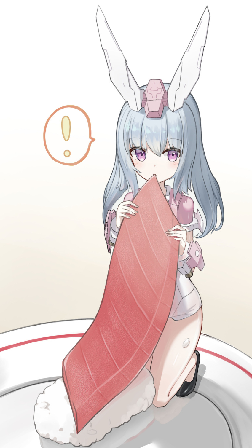 ! 1girl absurdres blush character_request commentary_request eating fish_(food) flats food frame_arms_girl grey_hair highres kneeling kuwaiko leotard long_hair looking_at_viewer megami_device mini_person minigirl purple_eyes rice solo spoken_exclamation_mark sushi tuna