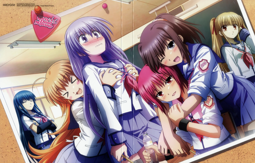 &gt;_&lt; :3 :d absurdres angel_beats! black_eyes blonde_hair blush blush_stickers bottle breast_grab breasts brown_eyes brown_hair closed_eyes cover crease crossed_arms dutch_angle grabbing headset highres hirata_katsuzou hisako_(angel_beats!) hug irie_(angel_beats!) iwasawa long_hair medium_breasts microphone multiple_girls official_art one_eye_closed open_mouth photo_(object) plectrum purple_eyes purple_hair red_eyes red_hair school_uniform sekine serafuku shiina_(angel_beats!) short_hair sleeves_rolled_up small_breasts smile thighhighs twintails wavy_mouth x3 yusa_(angel_beats!)