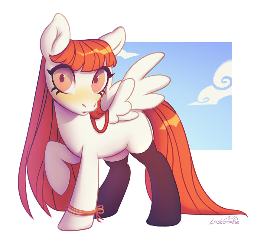 bracelet clothing cloud equid equine female feral hair horse jewelry legwear long_hair lostgoose mammal orange_hair orange_tail pony simple_background solo stockings tail