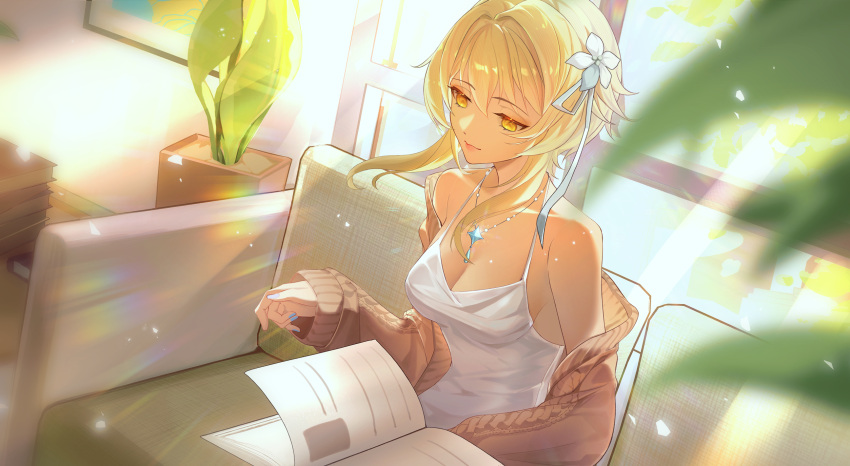 1girl blonde_hair blue_nails book book_stack breasts brown_jacket casual cleavage closed_mouth commentary_request couch dress fingernails flower genshin_impact hair_between_eyes hair_flower hair_ornament hair_ribbon highres indoors jacket jewelry large_breasts lips long_hair lumine_(genshin_impact) nail_polish necklace off_shoulder open_book open_clothes open_jacket partial_commentary plant potted_plant reading ribbon sitting so_zei_tama_tama white_dress white_flower white_ribbon window yellow_eyes