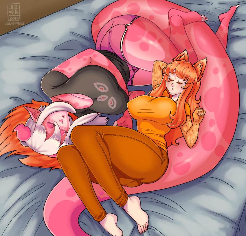 animal_humanoid anthro arm_fur big_tail breasts butt canid canine cleavage clothed clothing cuddling dragon duo eyes_closed feet female fox fuzzy_ears hair head_on_tail hi_res horn humanoid lychee_gumi mammal mythological_creature mythological_scalie mythology pfersich_von_schuster ponytail scalie sleeping sleeping_together tail thick_thighs wakko_(artist)