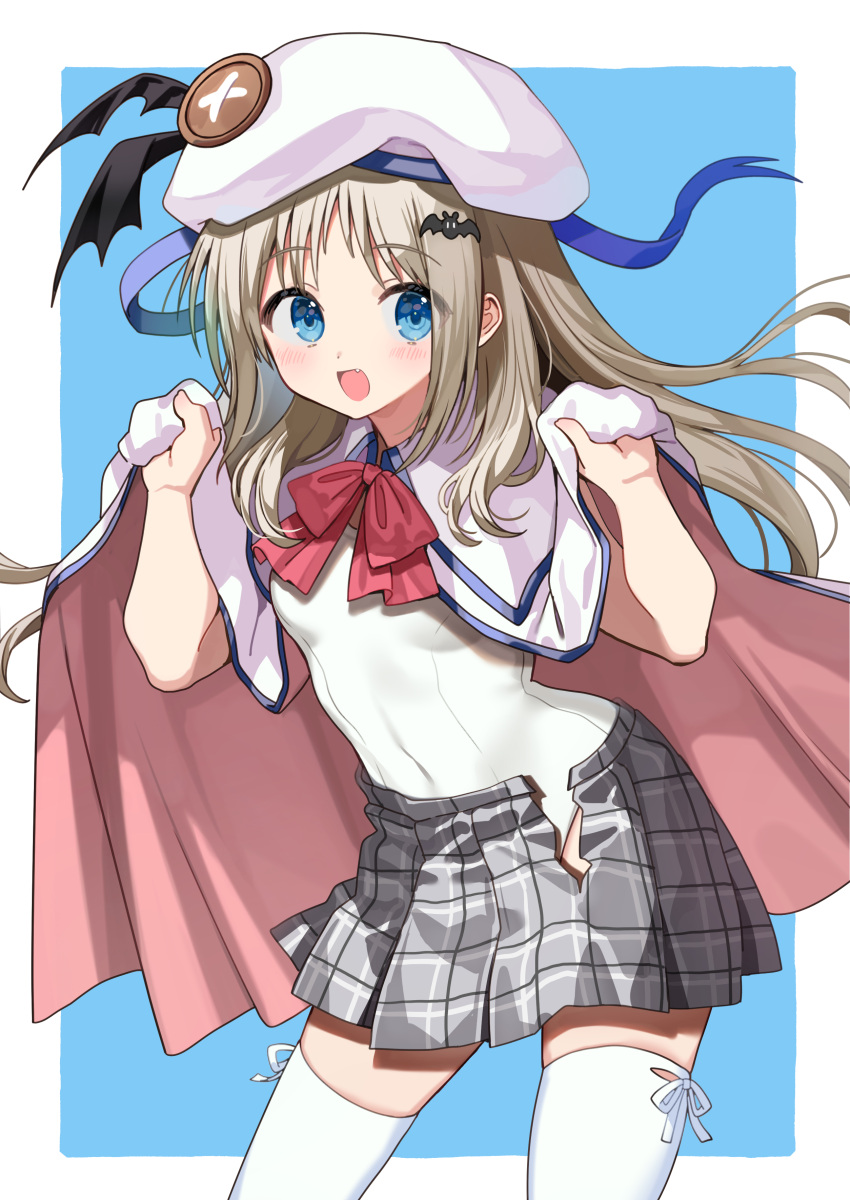 1girl :d absurdres bat_hair_ornament beret black_skirt blue_background blue_eyes blush border brown_hair cape cape_hold capelet commentary_request covered_navel fang hair_ornament hat highres leotard little_busters! long_hair looking_at_viewer nishizawa noumi_kudryavka open_mouth pink_capelet plaid plaid_skirt skirt smile solo thighhighs two-tone_cape white_border white_cape white_headwear white_leotard white_thighhighs