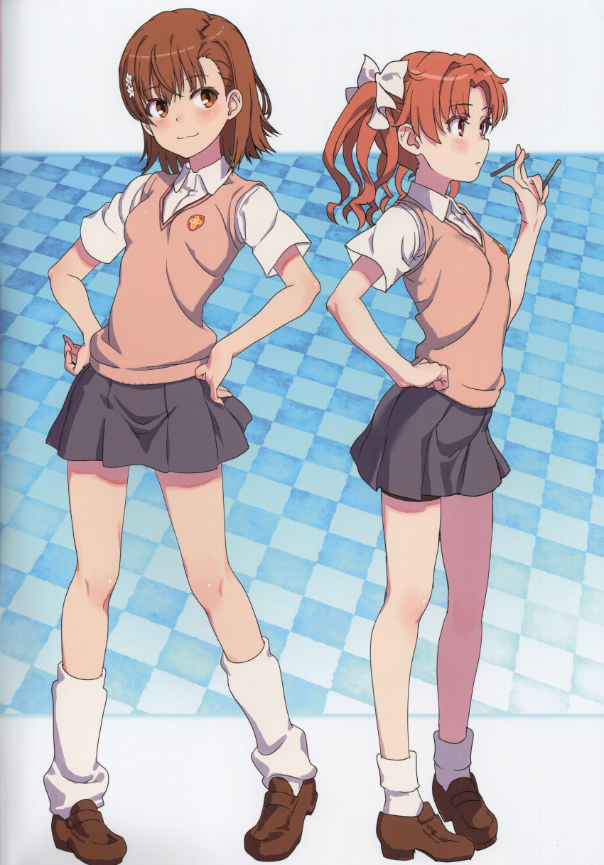 2girls absurdres brown_eyes brown_footwear brown_hair brown_sweater brown_sweater_vest brown_vest checkered_background collared_shirt crease dress_shirt emblem full_body grey_skirt hair_ribbon hands_on_own_hips highres holding holding_nail loafers loose_socks medium_hair miniskirt misaka_mikoto multiple_girls nail needle non-web_source pleated_skirt raika9 ribbon scan school_emblem school_uniform shirai_kuroko shirt shoes short_hair skirt sleeveless sleeveless_sweater socks standing summer_uniform sweater sweater_vest throwing_needles toaru_kagaku_no_railgun toaru_majutsu_no_index tokiwadai_school_uniform twintails vest white_ribbon white_shirt white_socks