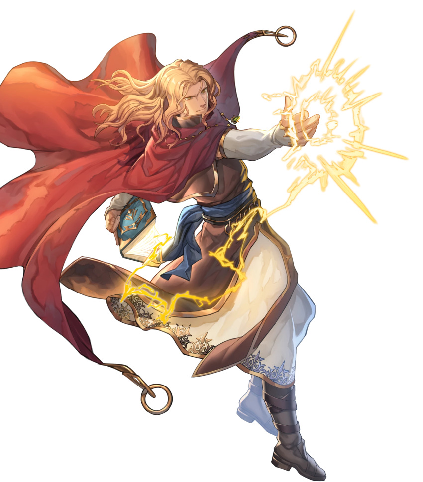 1boy arlen_(fire_emblem) attack blonde_hair book brown_footwear cape fire_emblem fire_emblem:_mystery_of_the_emblem fire_emblem_heroes highres holding holding_book hood hooded_cape light medium_hair non-web_source official_art red_cape solo v-shaped_eyebrows wavy_hair