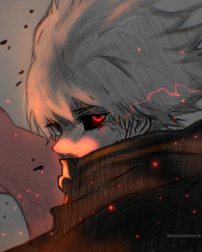 1boy artist_name black_sclera colored_sclera derivative_work grey_background grey_hair harutoyumaarts heterochromia highres kaneki_ken looking_at_viewer male_focus red_eyes short_hair solo tokyo_ghoul