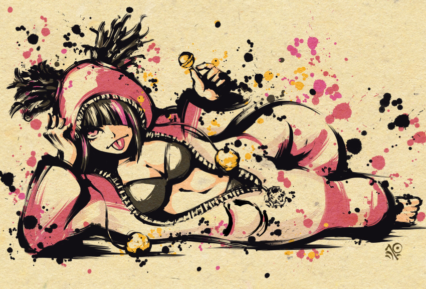 1girl absurdres artist_logo barefoot black_bra bra breasts candy cleavage diagonal_bangs food hair_through_hood han_juri highres holding hood hood_up ink_wash_painting large_breasts lollipop lying multicolored_hair navel official_alternate_costume official_alternate_hairstyle on_side onesie pajamas pe51illust purple_eyes purple_hair purple_pajamas solo streaked_hair street_fighter street_fighter_6 tongue tongue_out twintails underwear unzipped zipper_pull_tab