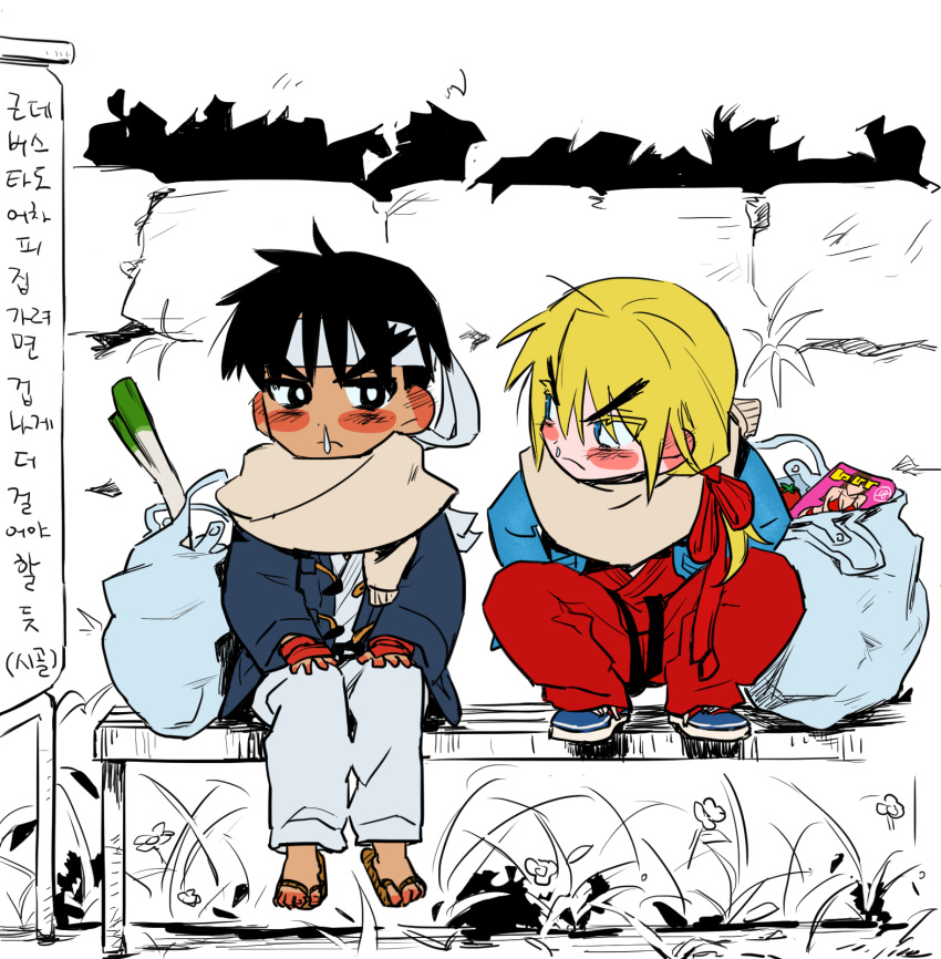 2boys aged_down athanjccgg bag black_hair blonde_hair blush_stickers dougi eyelashes forked_eyebrows frown headband highres huge_eyebrows jacket ken_masters korean_text looking_at_another looking_to_the_side male_focus medium_hair multiple_boys on_bench plastic_bag runny_nose ryu_(street_fighter) scarf sitting sketch_background snot spring_onion street_fighter translation_request winter yaoi