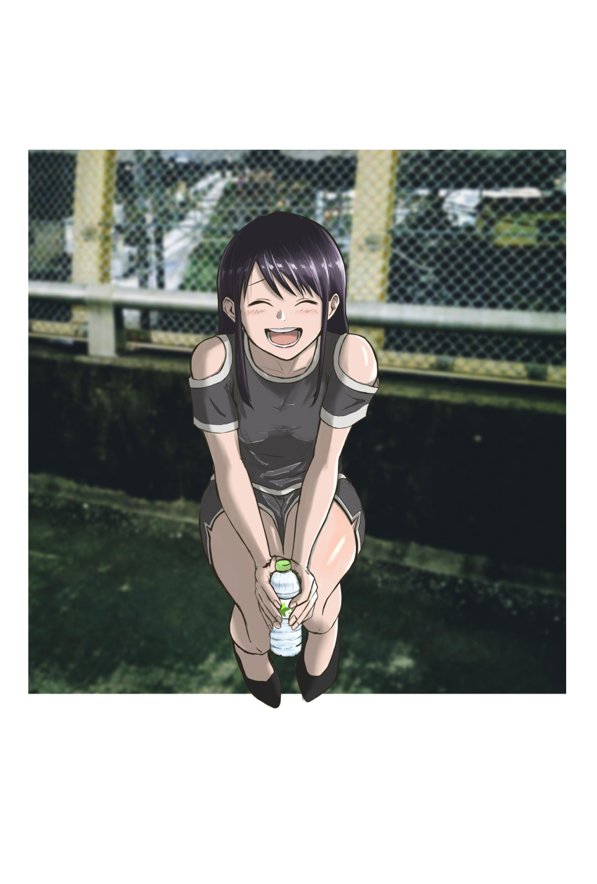 1girl :d ^_^ absurdres asagaya_(colcol) asymmetrical_bangs bare_legs bare_shoulders black_footwear black_hair blurry blurry_background blush border bottle closed_eyes clothing_cutout facing_viewer fence full_body grey_shirt grey_shorts happy highres holding holding_bottle knees_together_feet_apart leaning_forward long_hair night no_eyewear open_mouth outdoors outside_border photo_background plastic_bottle shirakawa_kiyosumi shirt shoes short_sleeves shorts shoulder_cutout sidelocks smile solo squatting v_arms white_border yofukashi_no_uta