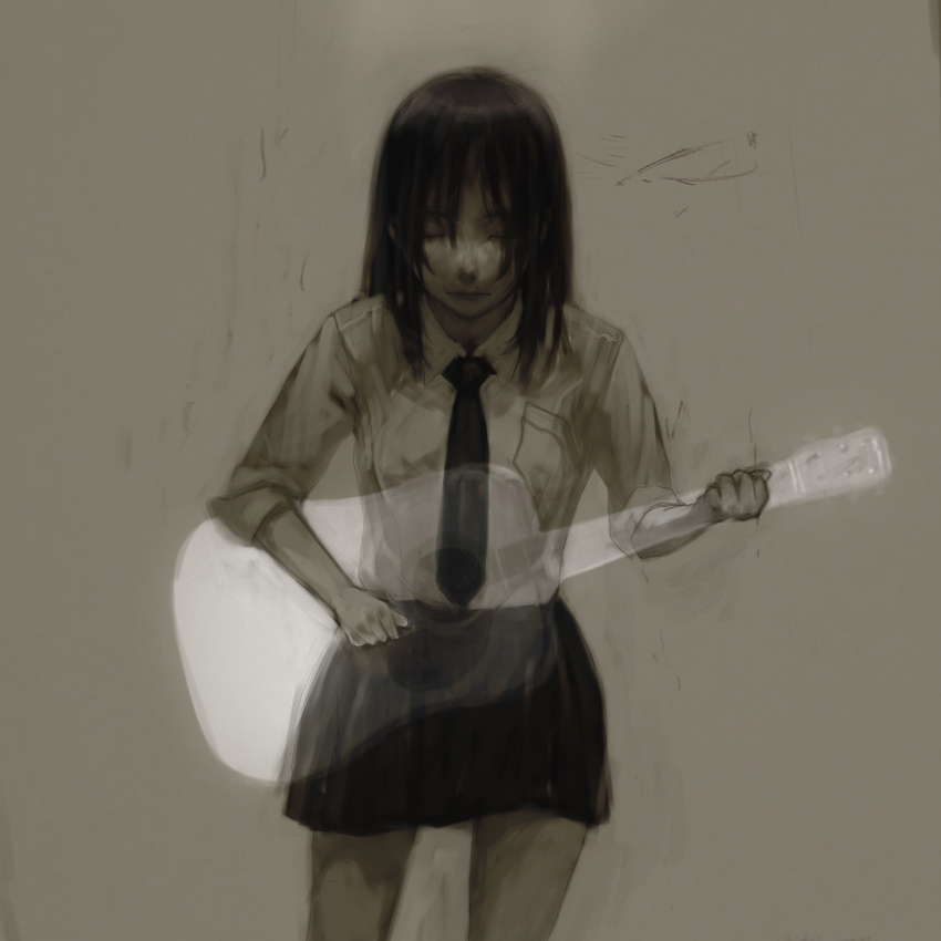 acoustic_guitar air_guitar bad_id bad_pixiv_id guitar highres instrument necktie nimirom original school_uniform solo somber