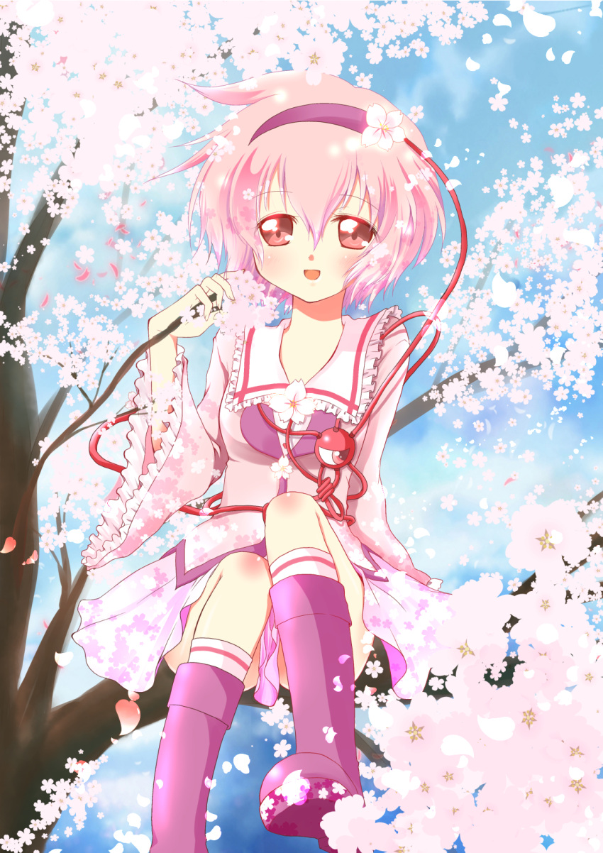 1girl :d alternate_color blush boots cherry_blossoms commentary_request ebisu_senri eyeball foot_out_of_frame frilled_shirt_collar frills hair_between_eyes hairband heart highres komeiji_satori long_bangs long_sleeves looking_at_viewer open_mouth petals pink_eyes pink_hair pink_shirt pink_skirt pink_theme purple_footwear purple_hairband shirt short_hair sitting sitting_on_branch skirt smile solo third_eye touhou tree wide_sleeves
