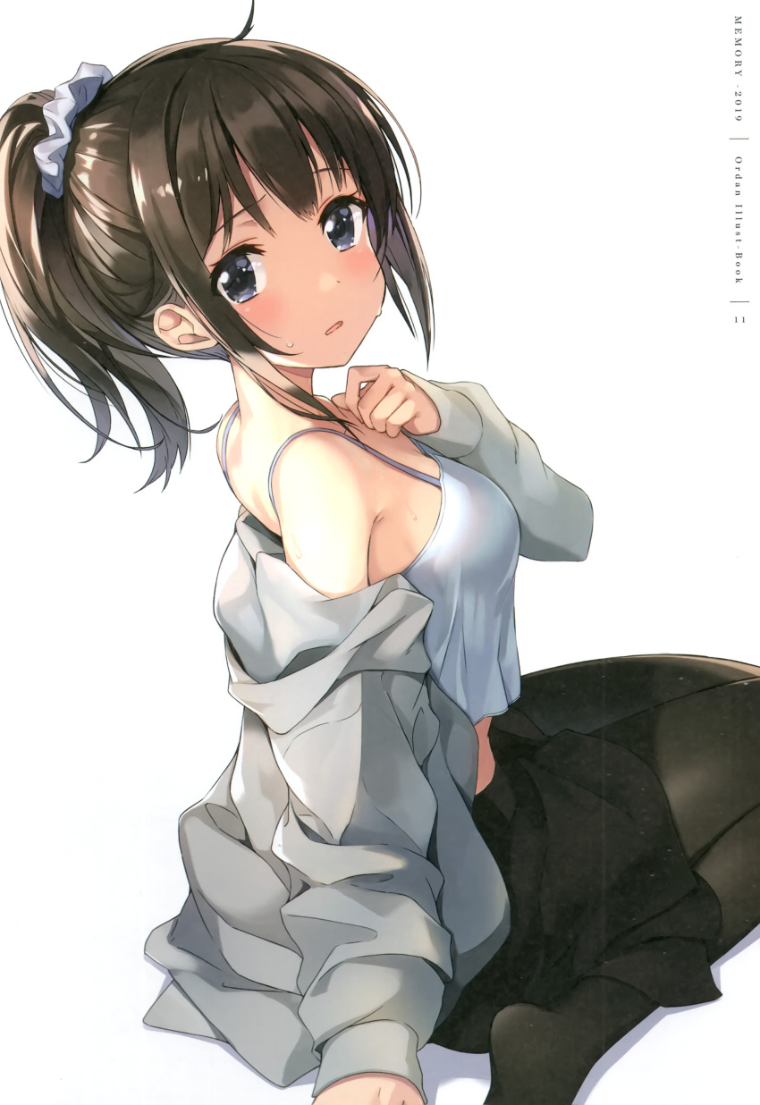 1girl absurdres amagai_tarou bare_shoulders black_hair black_pantyhose black_skirt blue_eyes blush breasts brown_hair camisole crop_top from_side grey_jacket hair_ornament hair_scrunchie hand_on_own_chest hand_up highres jacket long_hair long_sleeves looking_at_viewer medium_breasts midriff no_shoes non-web_source off_shoulder open_clothes open_jacket open_mouth original page_number pantyhose parted_lips ponytail scrunchie shirt shorts sidelocks simple_background sitting skirt solo spaghetti_strap sweat wariza white_background
